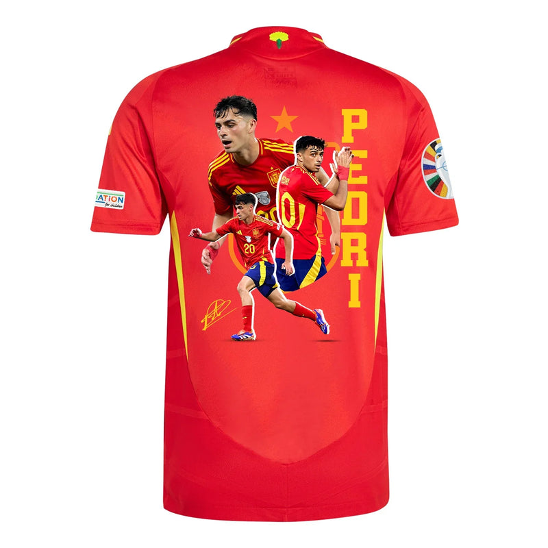 Pedri 20 Camiseta de Local de España 2024 Arte de Aficionados Parche de la Eurocopa y Fundación - Hombre