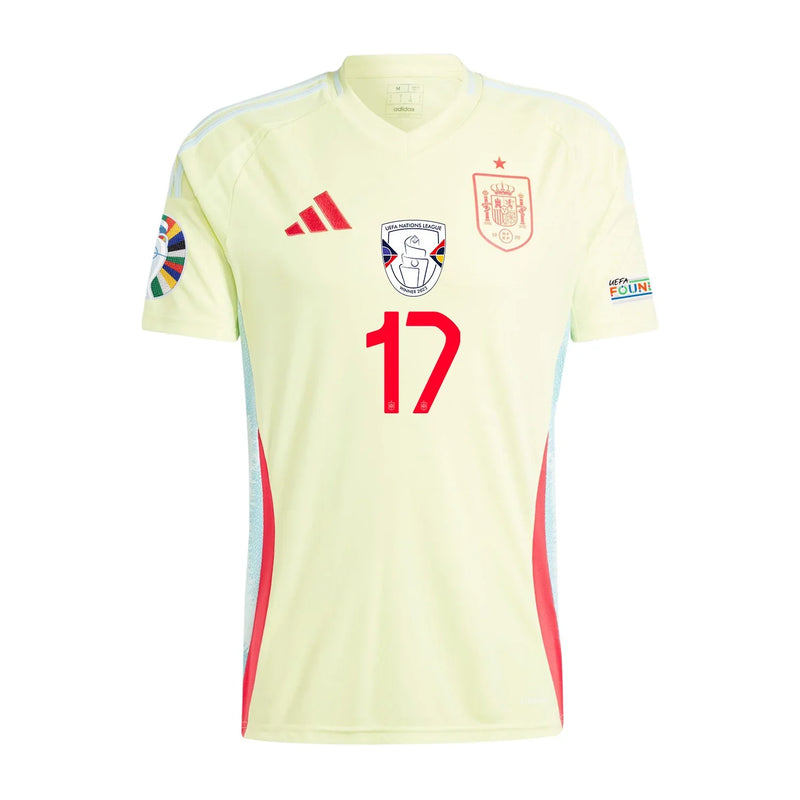 Nico Williams 17 Camiseta de Visitante de España 2024 Arte de Aficionados Parche de la Eurocopa y Fundación - Hombre