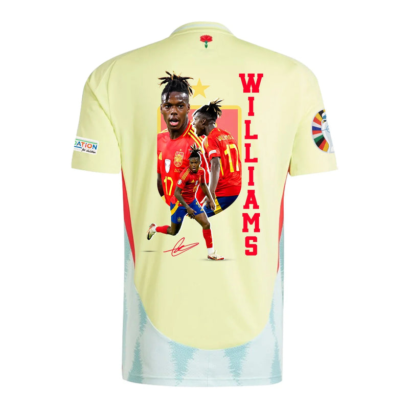 Nico Williams 17 Camiseta de Visitante de España 2024 Arte de Aficionados Parche de la Eurocopa y Fundación - Hombre