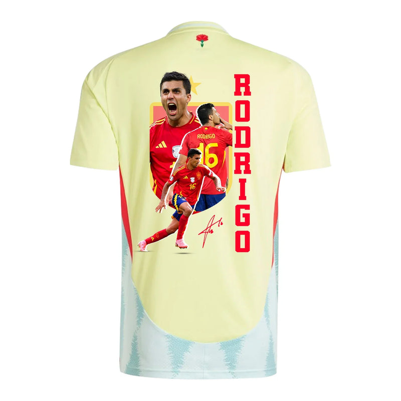 Rodrigo 16 Camiseta de Visitante de España 2024 Arte de Aficionados Parche de la Eurocopa y Fundación - Hombre