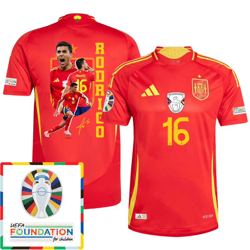 Rodrigo 16 Camiseta de Local de España 2024 Arte de Aficionados Parche de la Eurocopa y Fundación - Hombre