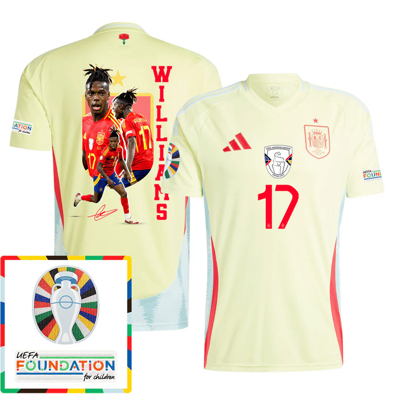 Nico Williams 17 Camiseta de Visitante de España 2024 Arte de Aficionados Parche de la Eurocopa y Fundación - Hombre