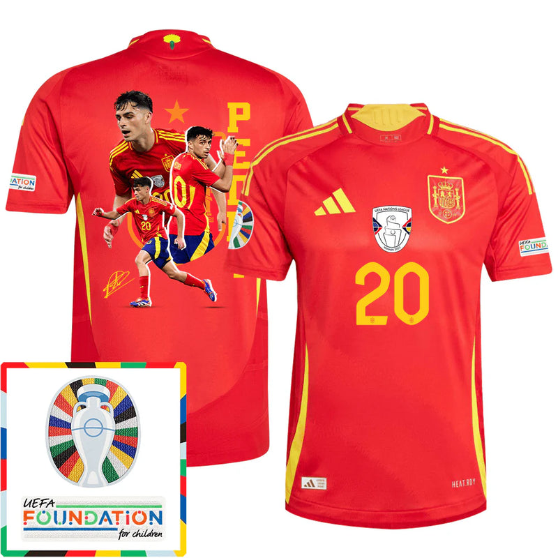 Pedri 20 Camiseta de Local de España 2024 Arte de Aficionados Parche de la Eurocopa y Fundación - Hombre