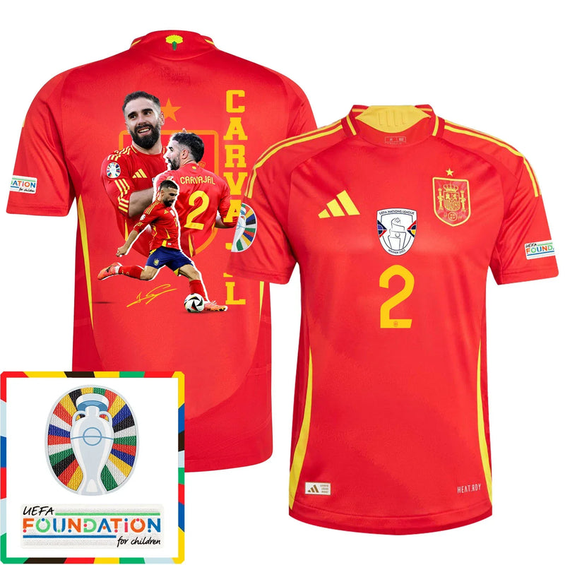 Dani Carvajal 2 Camiseta de Local de España 2024 Arte de Aficionados Parche de la Eurocopa y Fundación - Hombre