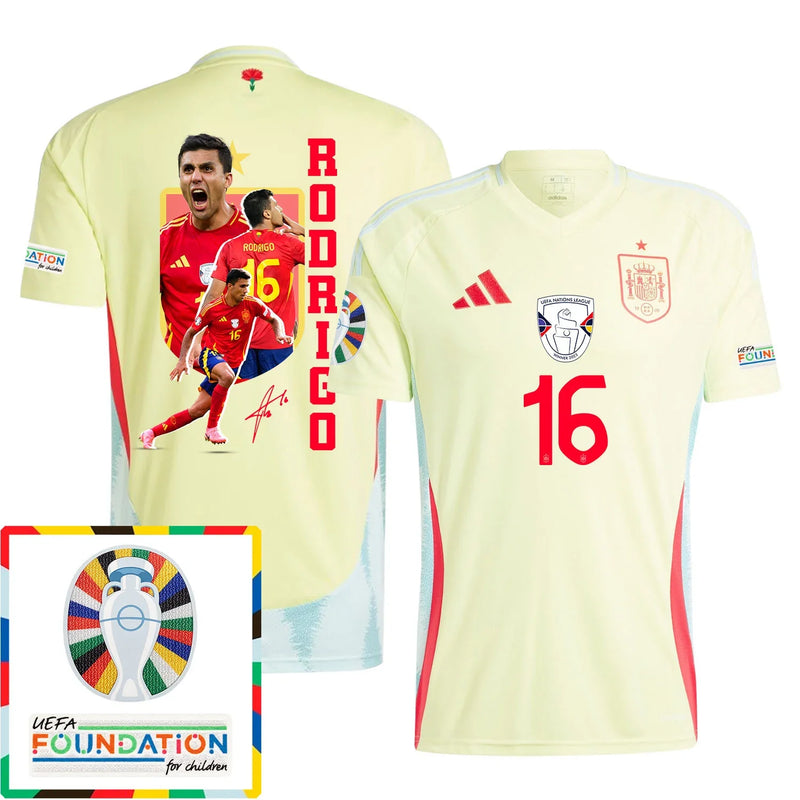 Rodrigo 16 Camiseta de Visitante de España 2024 Arte de Aficionados Parche de la Eurocopa y Fundación - Hombre