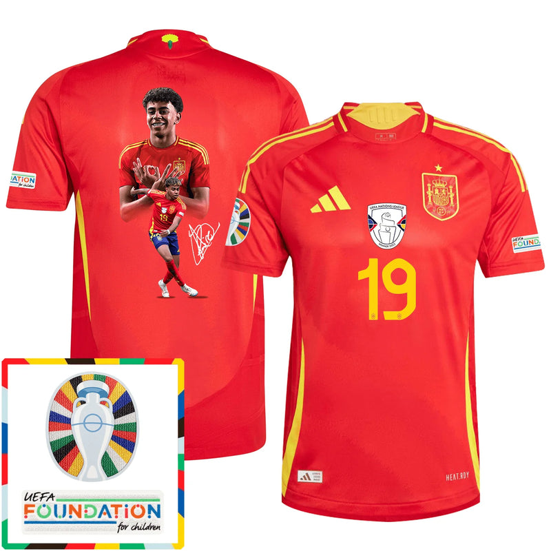 Lamine Yamal 19 El Héroe Camiseta de Local de España Parche de la Eurocopa y Fundación - Hombre