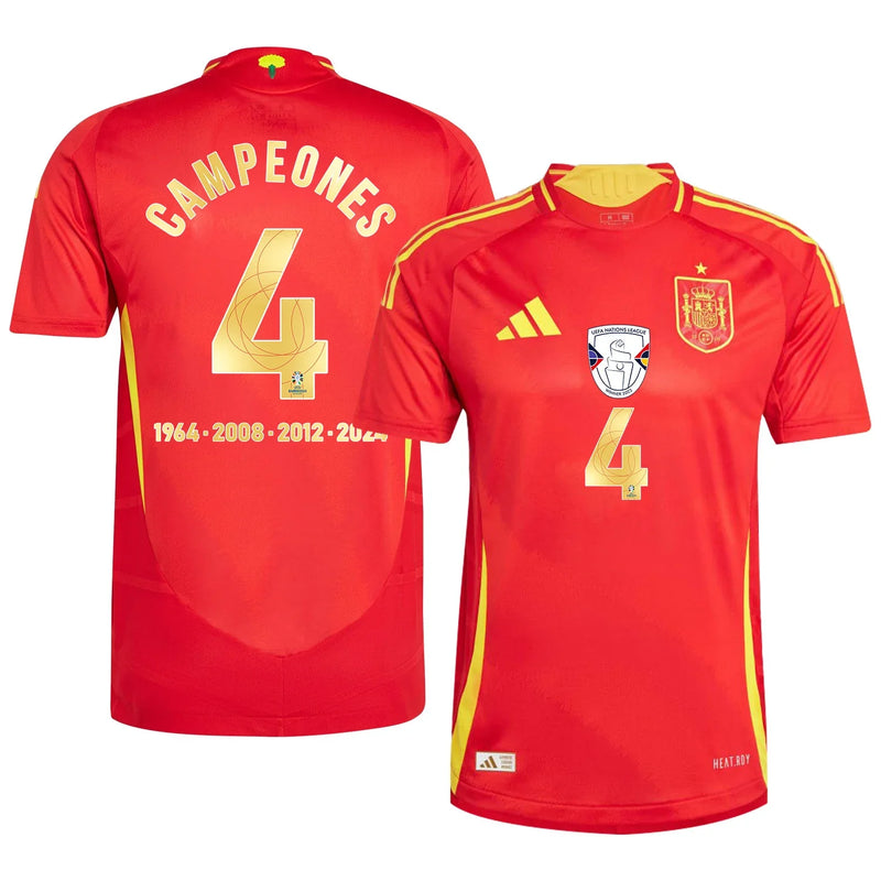 4x Campeones Camiseta de Local de España 2024 Parche de la Eurocopa y Fundación - Hombre