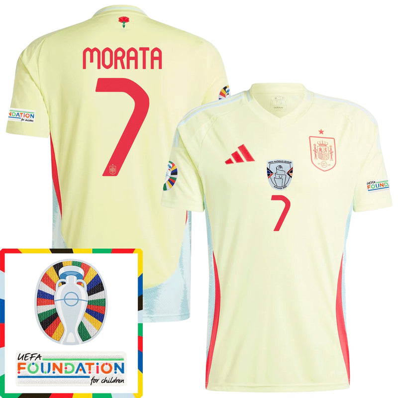 Álvaro-Morata-7-Camiseta-De-Visitante-De-España-Parche-7-Euro-y-Fundación-2024--Amarillo-1